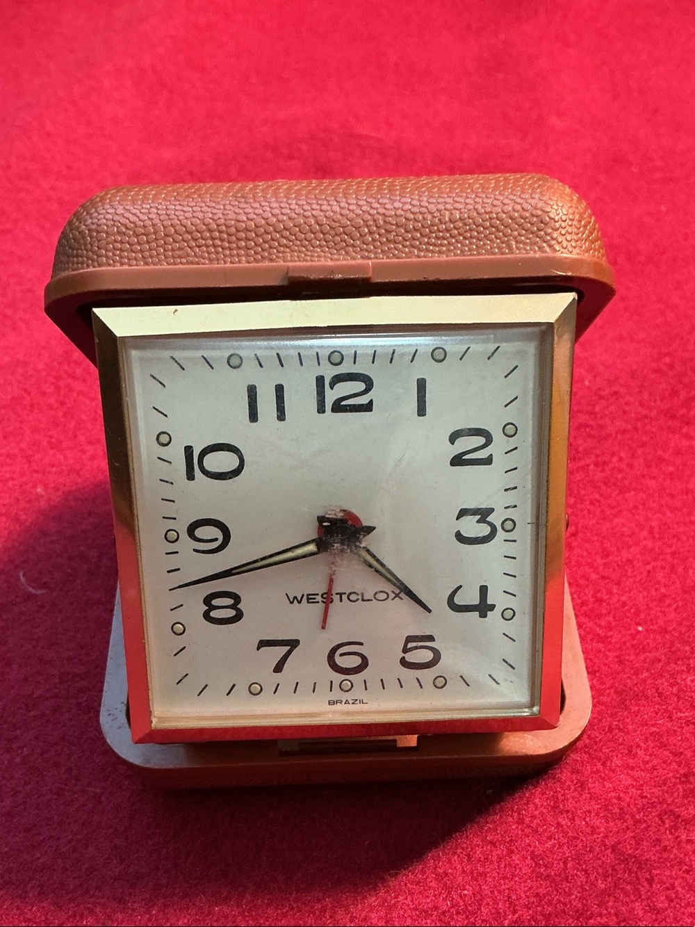 Westclox Vintage Foldable Travel Alarm Clock in Brown Plastic Case